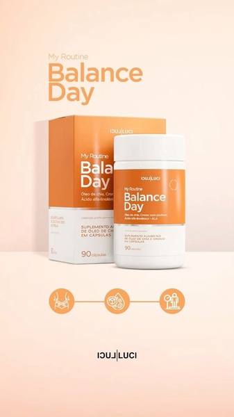 A clean, minimalist product hero advertisement for 'My Routine Balance Day' supplements, utilizing soft peach tones and clear icons.